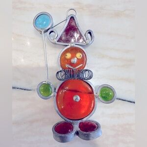 Vintage Stained Glass clown holding a balloon Ornament sun catcher Boho